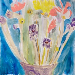 Finding Flowers- Oil Paint, Panel, Still Life, Abstract, Flowers, Blue, Pink