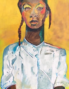 Long Neck Meg- Canvas, Charcoal, Oil Paint, Spray Paint, Abstract Portrait