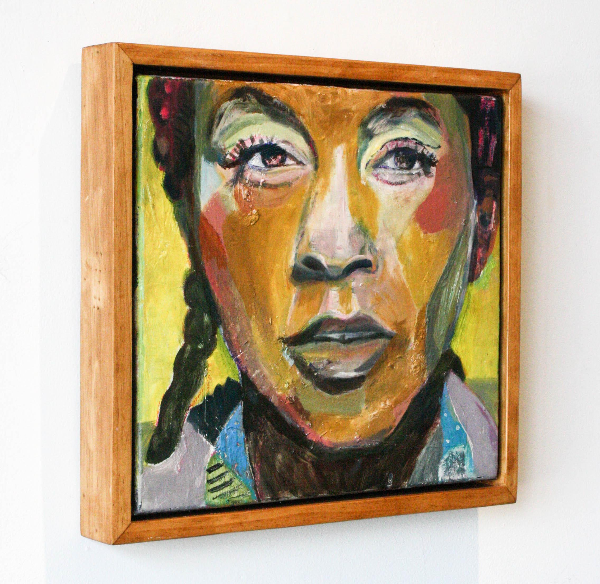 Meg- Canvas, Laid Paper, Oil Paint, Portrait, Gold, Yellow, Red, Green, Orange - Painting by John Paul Kesling