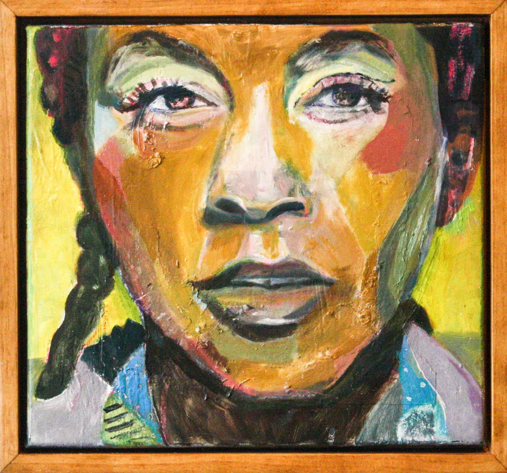 John Paul Kesling Portrait Painting - Meg- Canvas, Laid Paper, Oil Paint, Portrait, Gold, Yellow, Red, Green, Orange