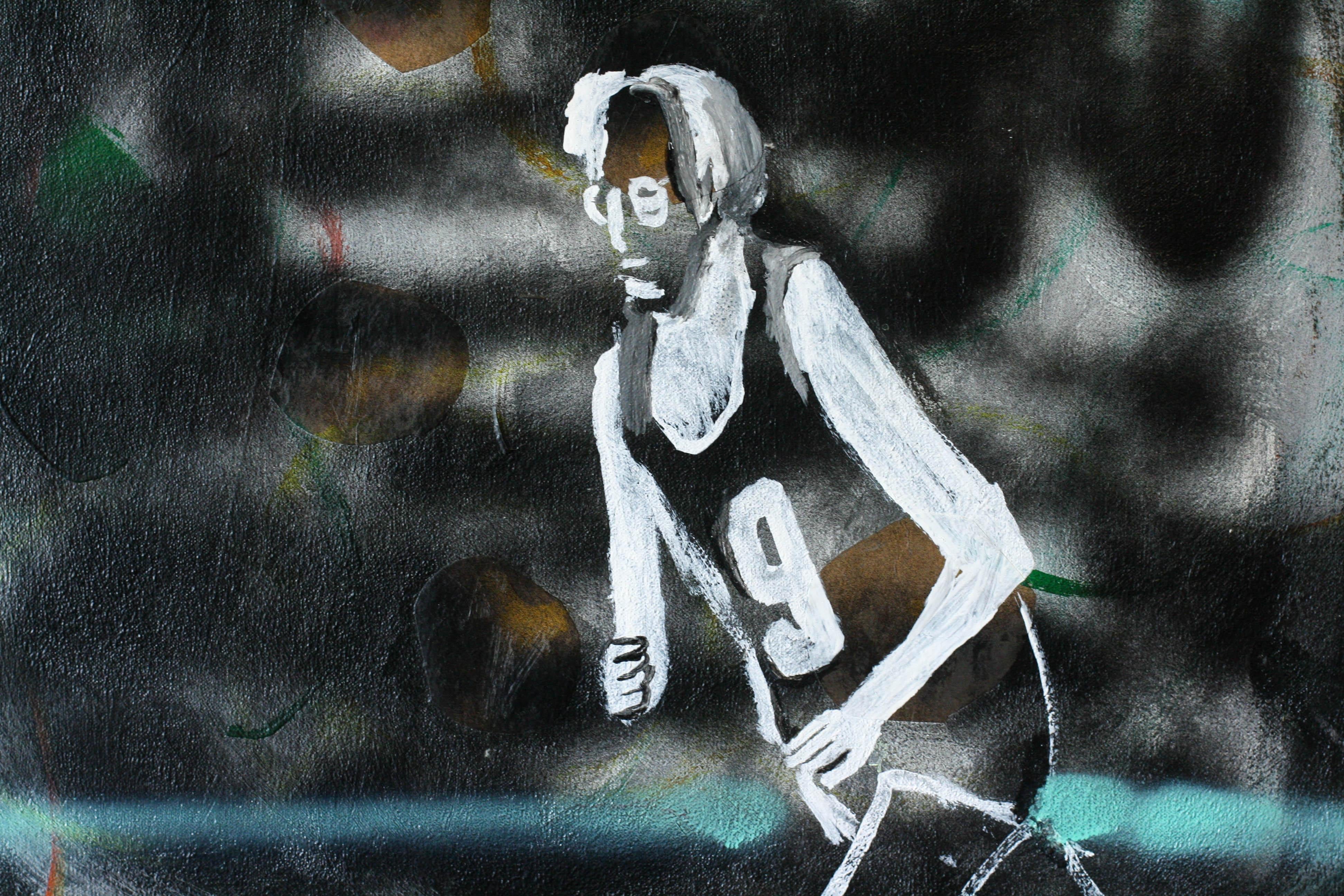 New Life- Acrylic Paint, Canvas, Paper, Spray Paint, Figurative, Abstract, Sport - Black Figurative Painting by John Paul Kesling