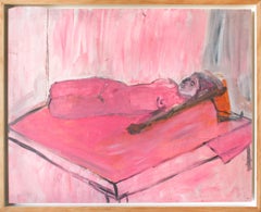 Toile « Pony Daddy », fusain, peinture à l'huile, figure nue, portrait, rose, orange