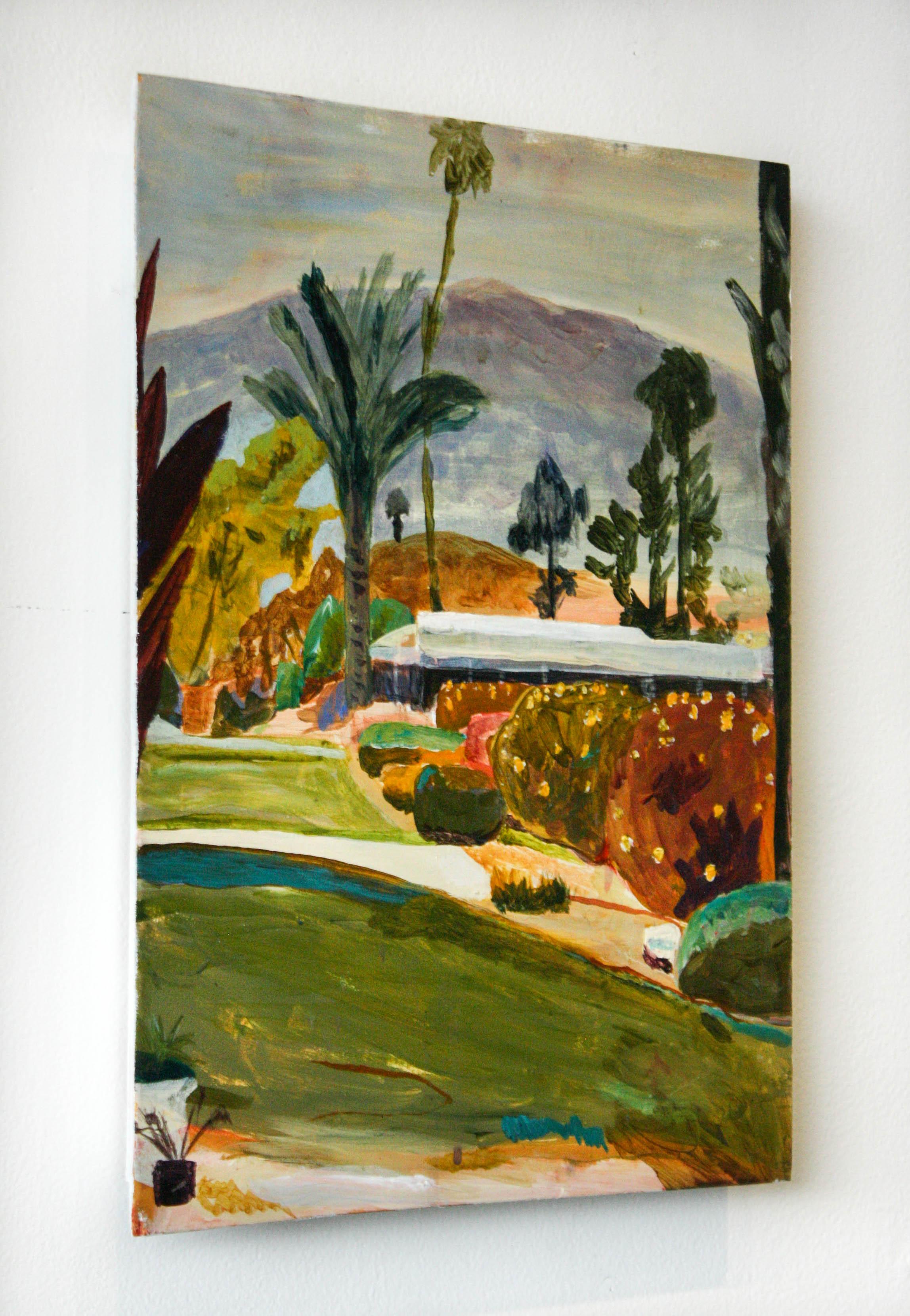 Rancho Mirage- Acrylic Paint, Wood Panel, Landscape, Green, Blue, Nature, Yellow - Painting by John Paul Kesling