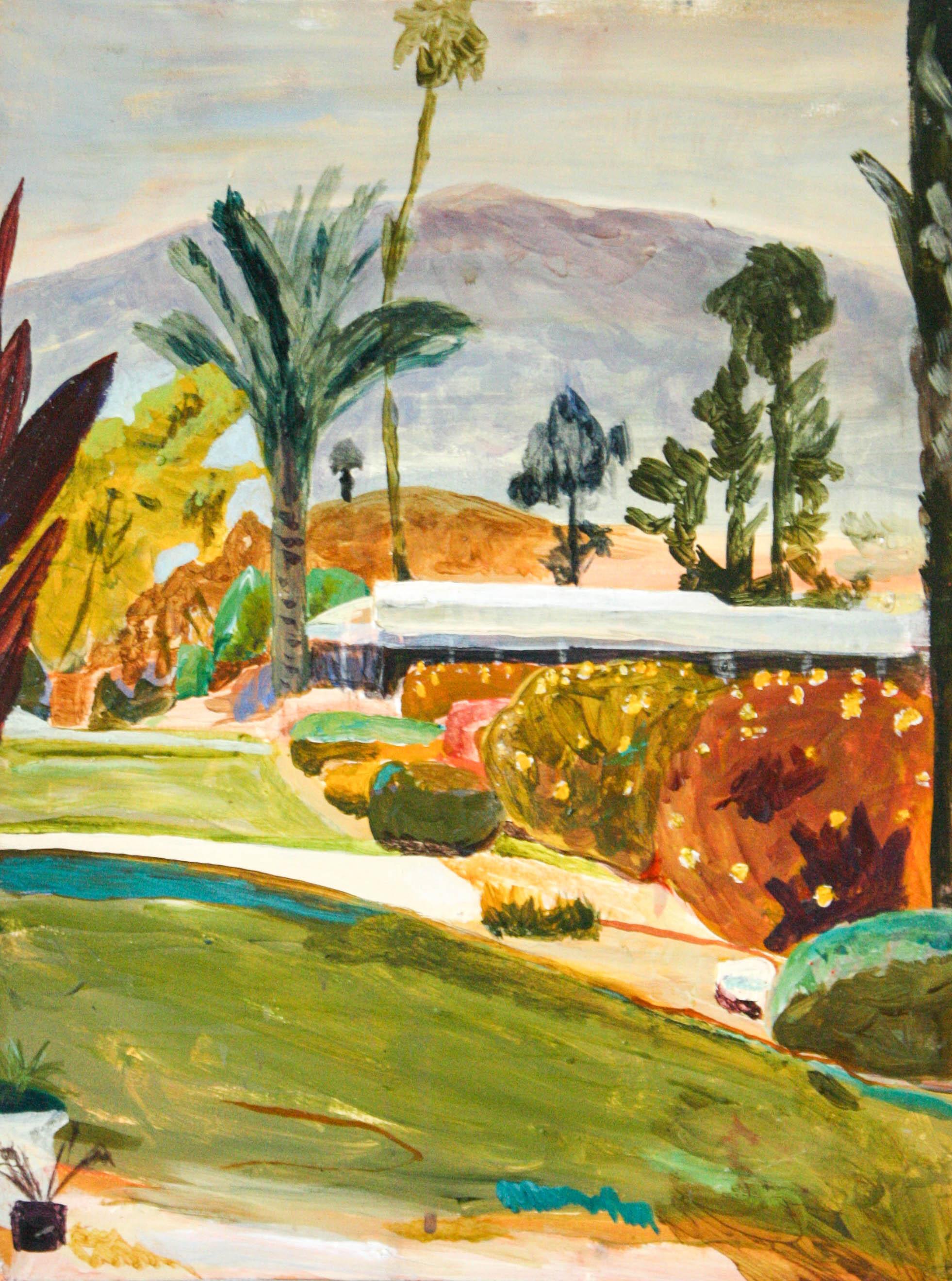 John Paul Kesling Landscape Painting - Rancho Mirage- Acrylic Paint, Wood Panel, Landscape, Green, Blue, Nature, Yellow