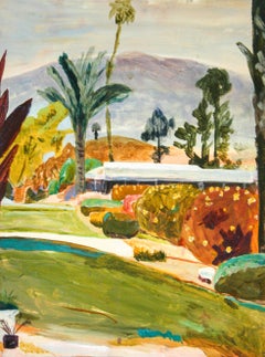 Rancho Mirage- Acrylic Paint, Wood Panel, Landscape, Green, Blue, Nature, Yellow