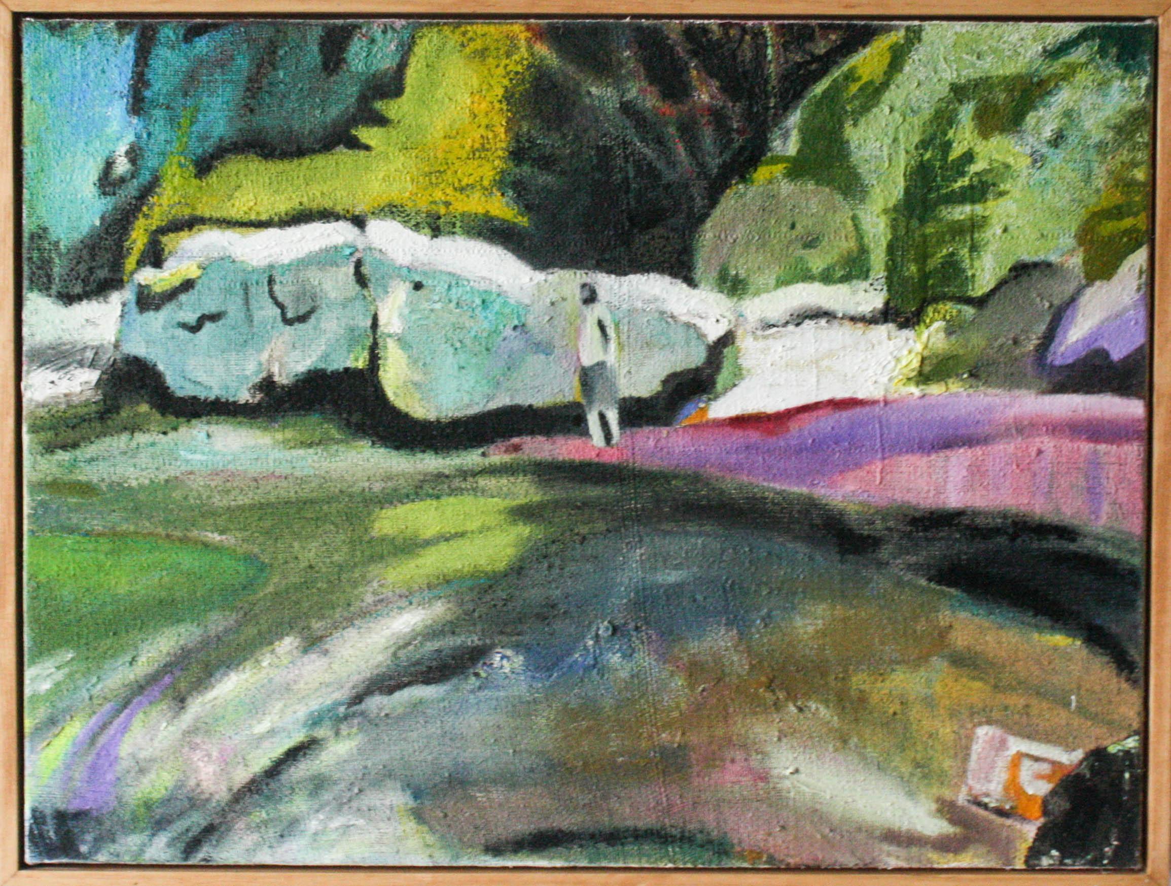 John Paul Kesling Figurative Painting - The Swimming Hole- Canvas, Charcoal, Oil Paint, Pink, Blue, Violet, Pink, Green