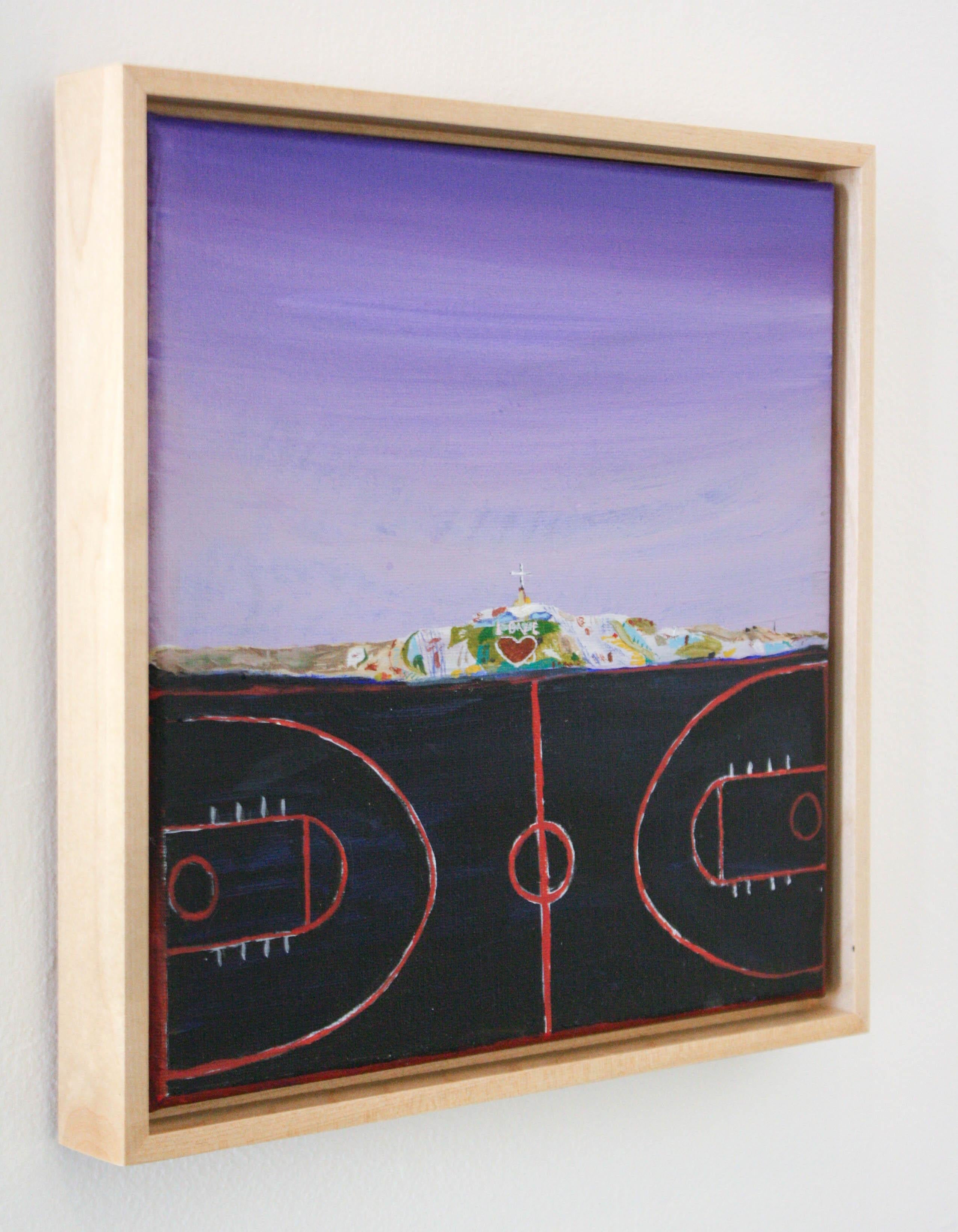 This landscape acrylic painting is a scene of a basketball court at sunset. It utilizes violet, black, red, green, and white. 

John Paul Kesling was born and raised on the banks of the Ohio River, spending much of his time outdoors. He attended
