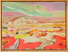Zion- Pink, Linen, Oil Crayon, Paint, Landscape, Green, Orange, Violet, Yellow