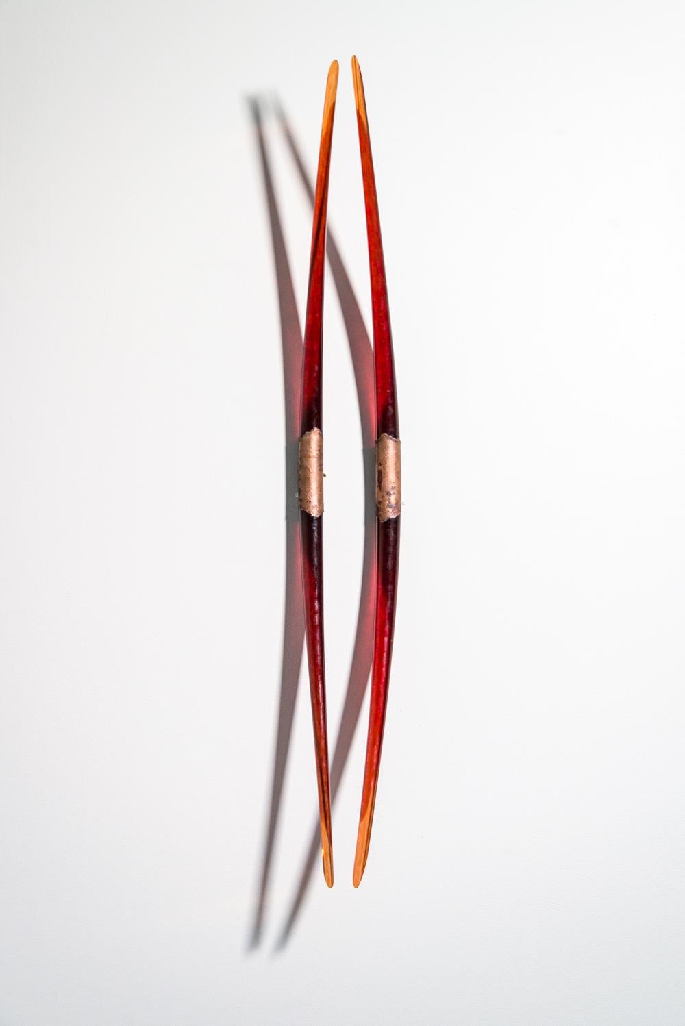 Dual Symmetry - translucent, red, glass, copper, abstract wall sculpture