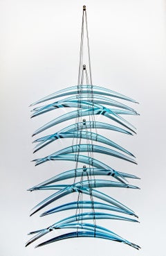 Duality - blue, translucent, abstract, glass, steel, suspended wall sculpture