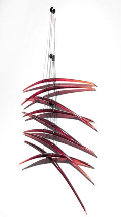 Duality R - dynamic, translucent, red, glass, steel, abstract wall sculpture