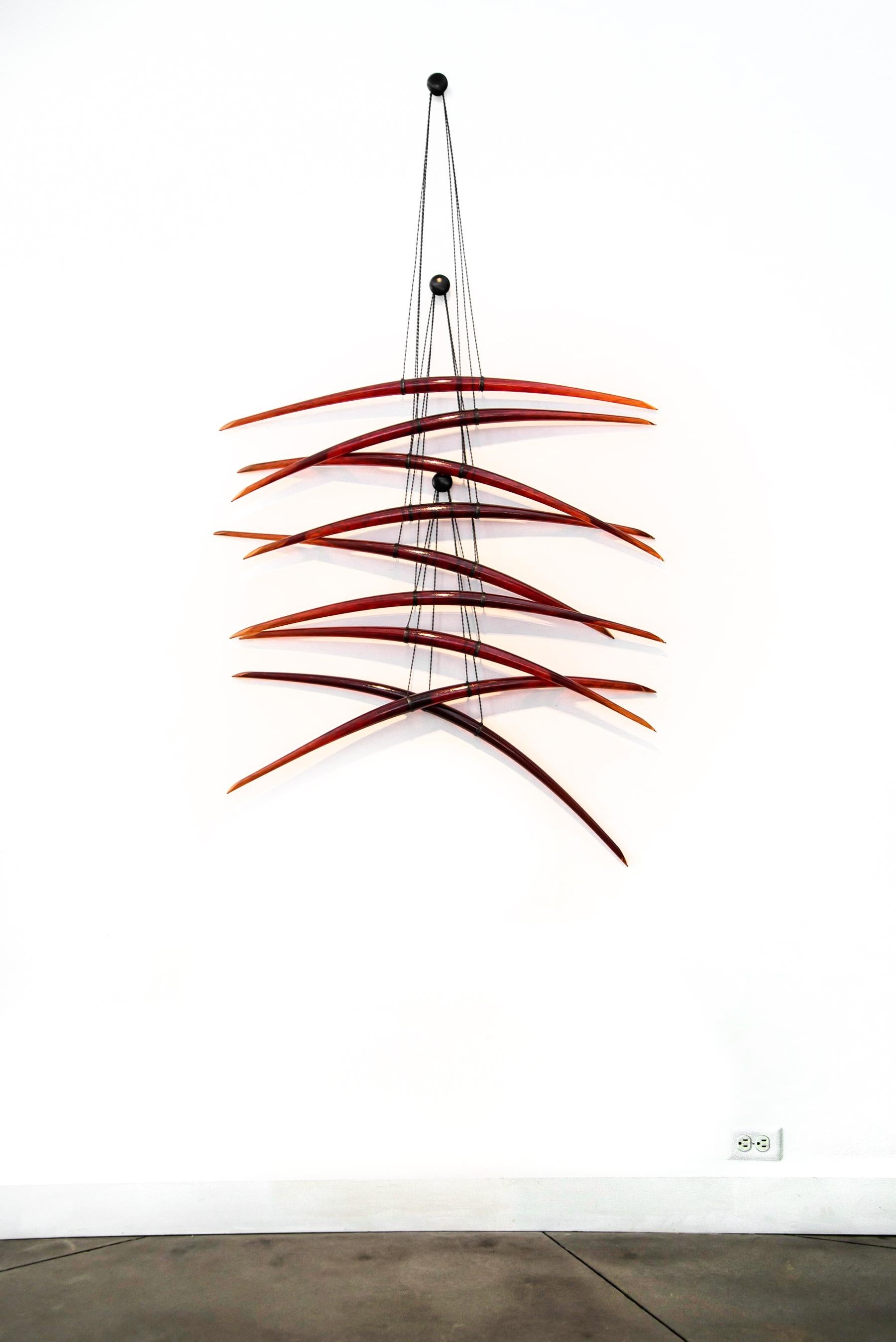 Duality R - dynamic, translucent, red, glass, steel, abstract wall sculpture - Gray Still-Life Sculpture by John Paul Robinson