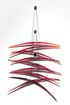 Duality R - dynamic, translucent, red, glass, steel, abstract wall sculpture
