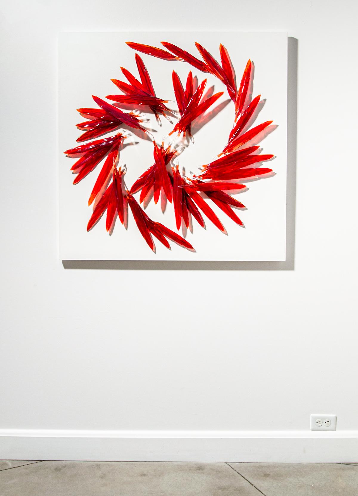 Fire Fly - large, red, translucent, feathers, solid glass wall sculpture - Sculpture by John Paul Robinson