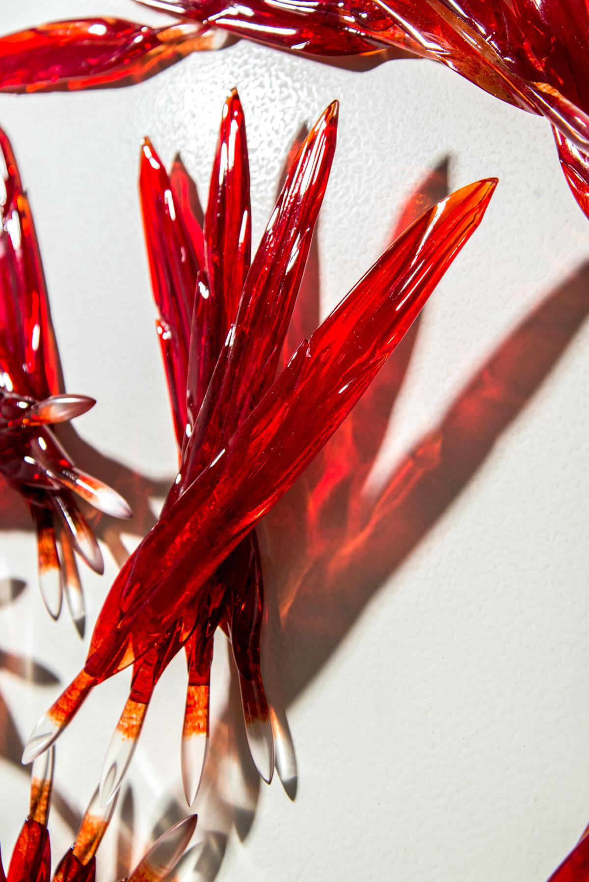 Fire Fly - large, red, translucent, feathers, solid glass wall sculpture - White Abstract Sculpture by John Paul Robinson