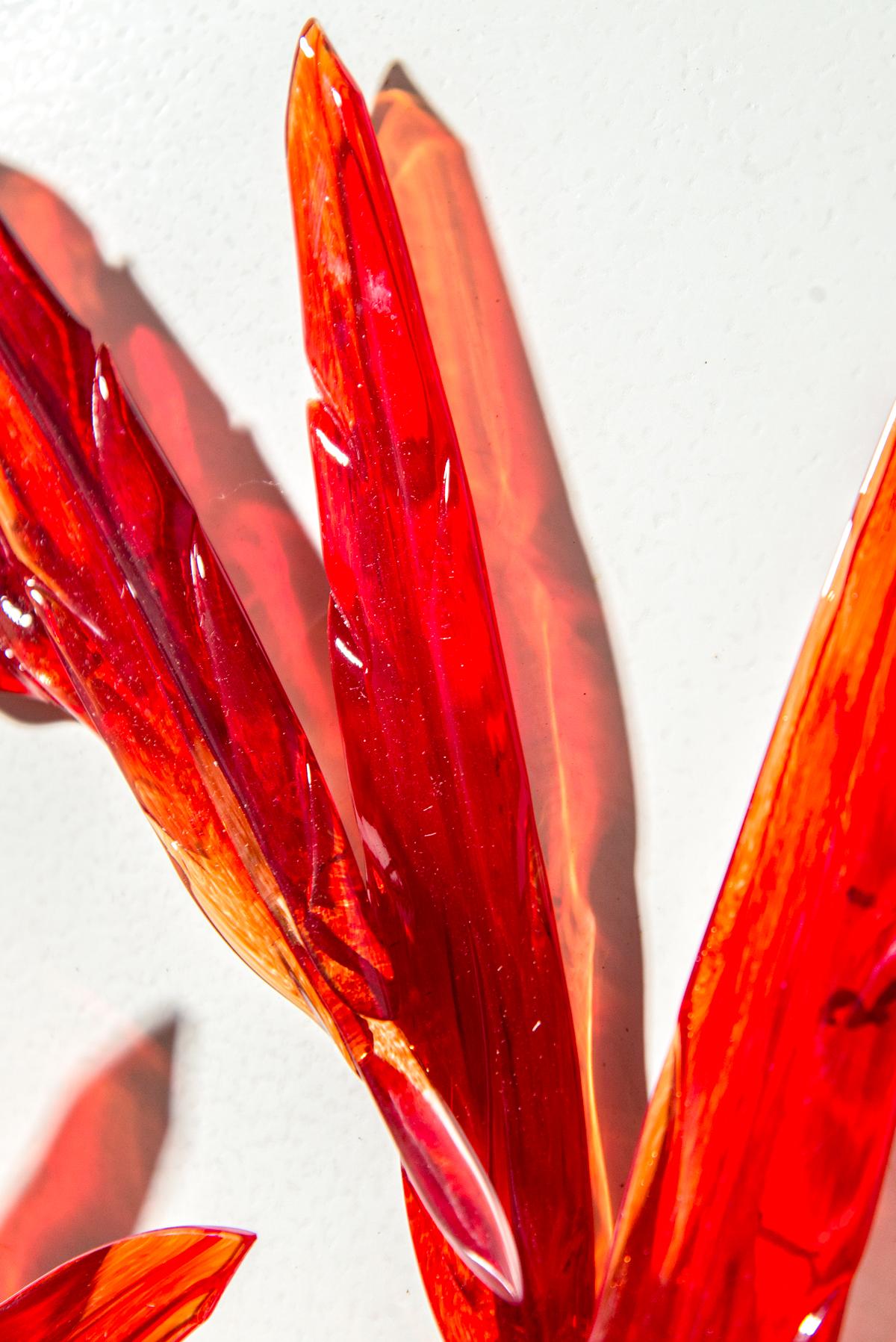 Crimson glass feathers are gathered into a fiery composition in this dramatic wall sculpture by artist John Paul Robinson. The work is enhanced by the pattern of shadows cast by light filtering through the glass. Robinson was thinking about time,