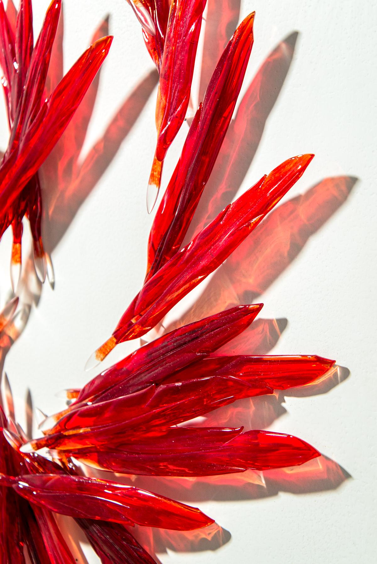 Fire Fly - large, red, translucent, feathers, solid glass wall sculpture For Sale 1