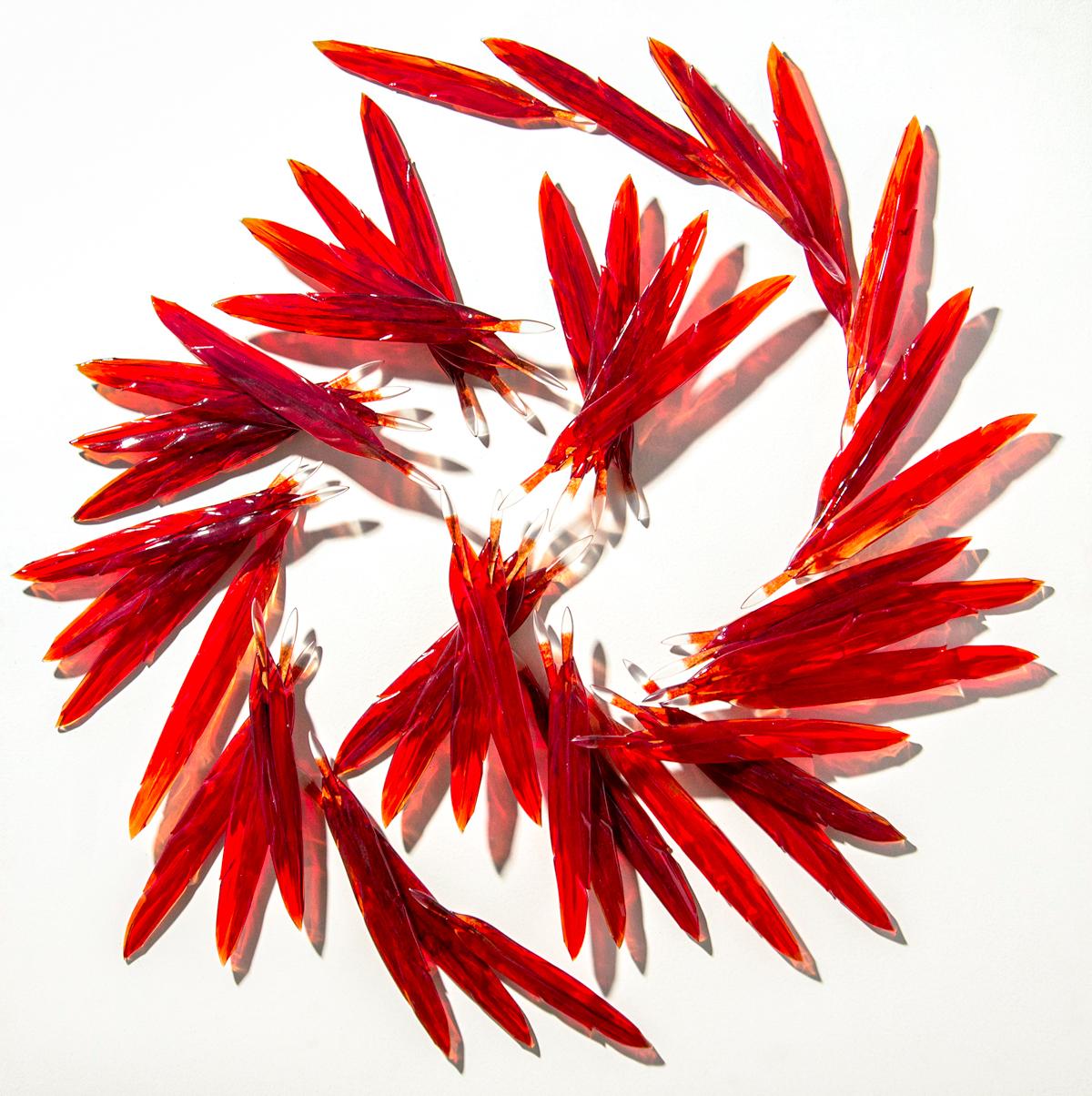 Fire Fly - large, red, translucent, feathers, solid glass wall sculpture