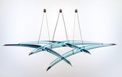 Probability B2 - blue, abstract, curved, glass, steel, suspended wall sculpture