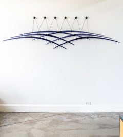 Probability Deep Blue 2 - abstract, curved, glass, suspended wall sculpture