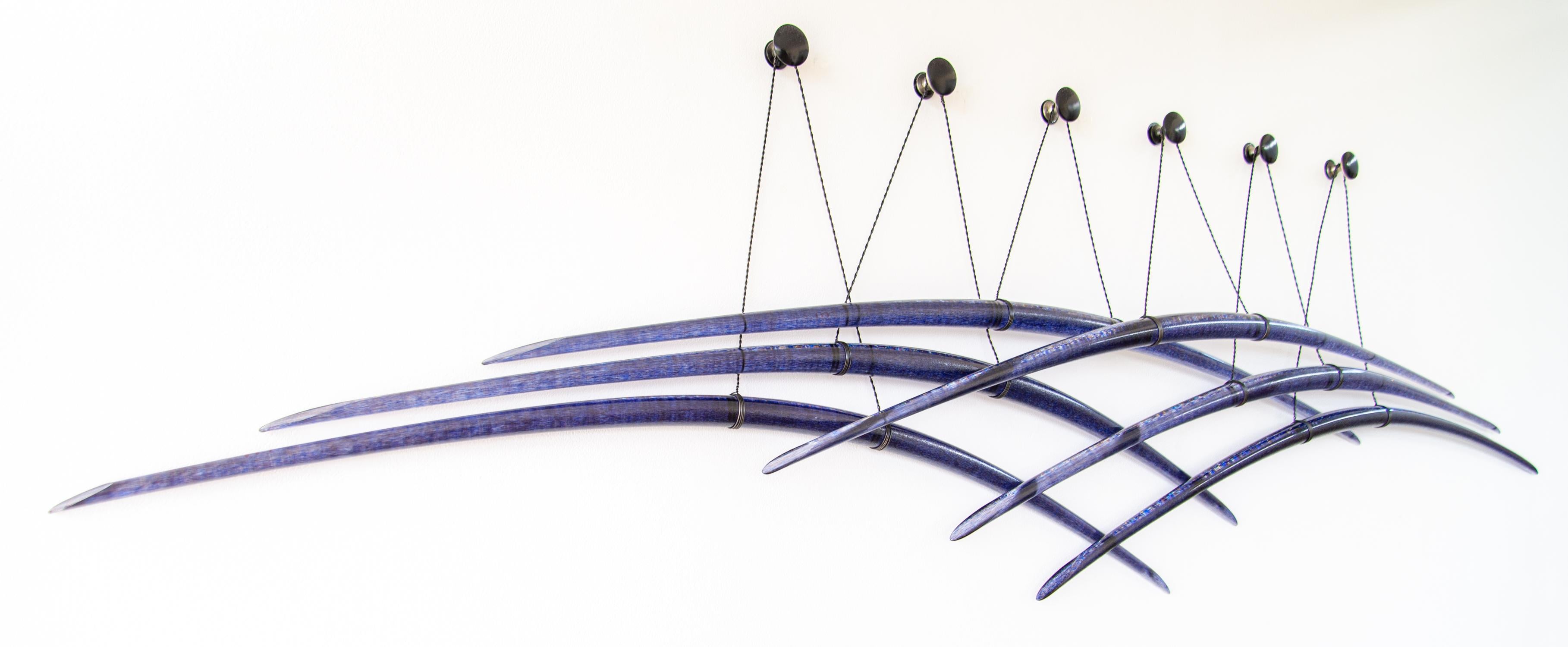 Probability Deep Blue 2 - abstract, curved, glass, suspended wall sculpture For Sale 1