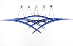 Probability Deep Blue - abstract, curved, glass, steel, suspended wall sculpture