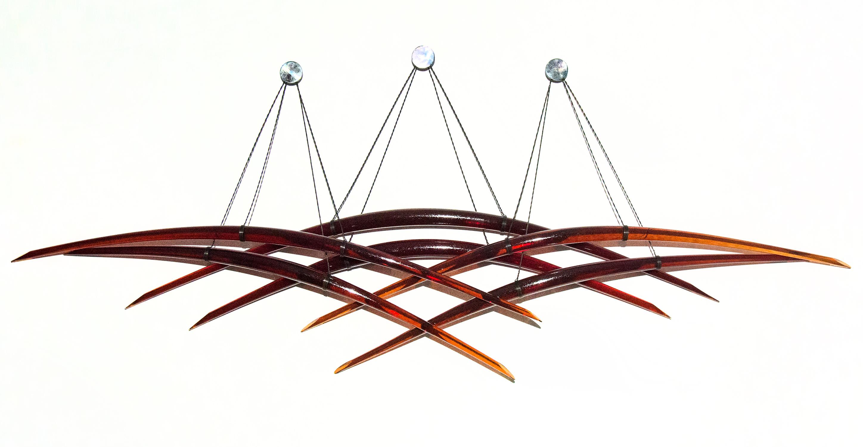 Probability R - red glass, copper, translucent abstract suspended wall sculpture
