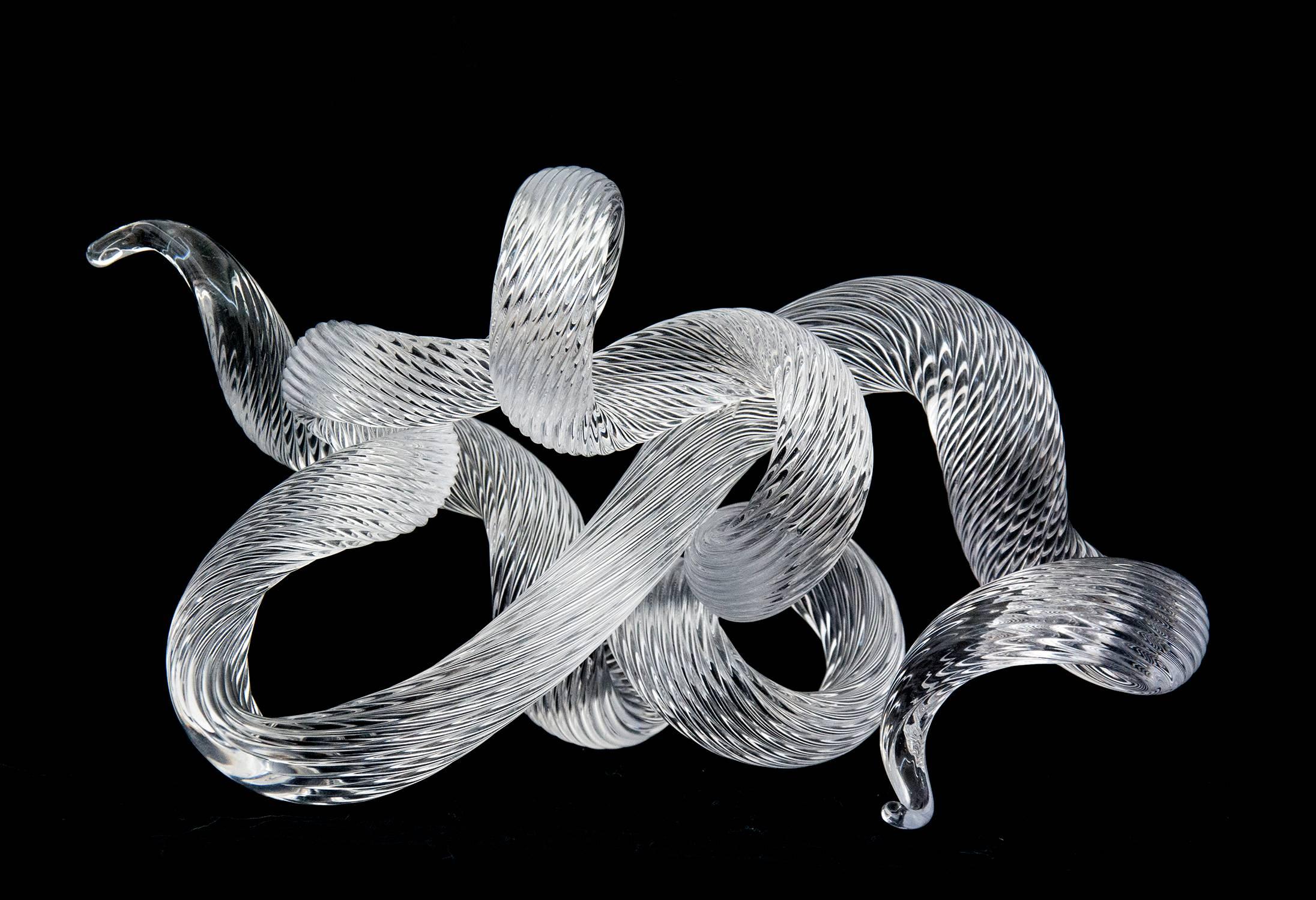 A single rod of translucent and striated clear glass is looped, twisted and shaped into an elegant wave by artist John Paul Robinson. The curated design is enhanced by light that sparkles on the complex surfaces of the glass.

Robinson was educated