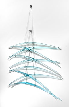Duality B2 - blue, translucent, abstract, glass, steel, suspended wall sculpture