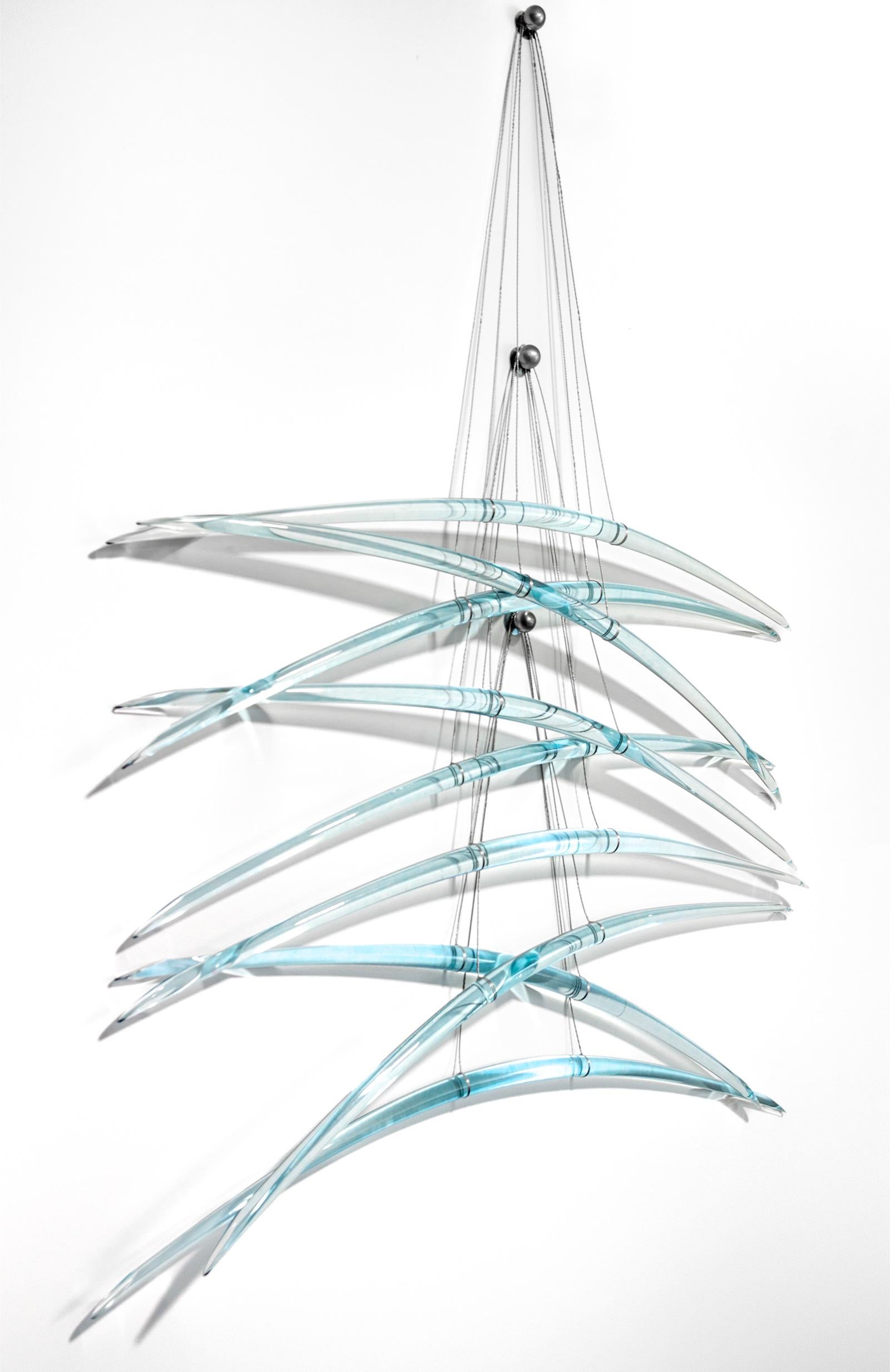 Duality B2 - blue, translucent, abstract, glass, steel, suspended wall sculpture For Sale 6