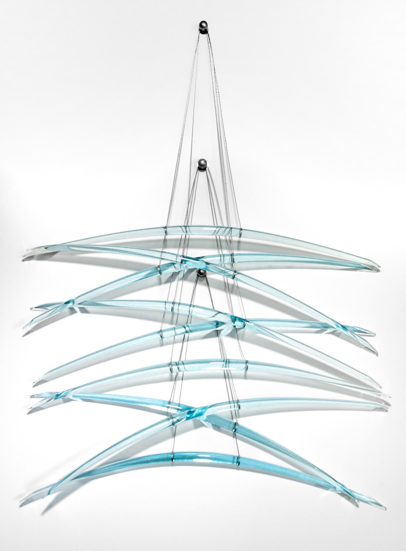 Duality B2 - blue, translucent, abstract, glass, steel, suspended wall sculpture - Sculpture by John Paul Robinson