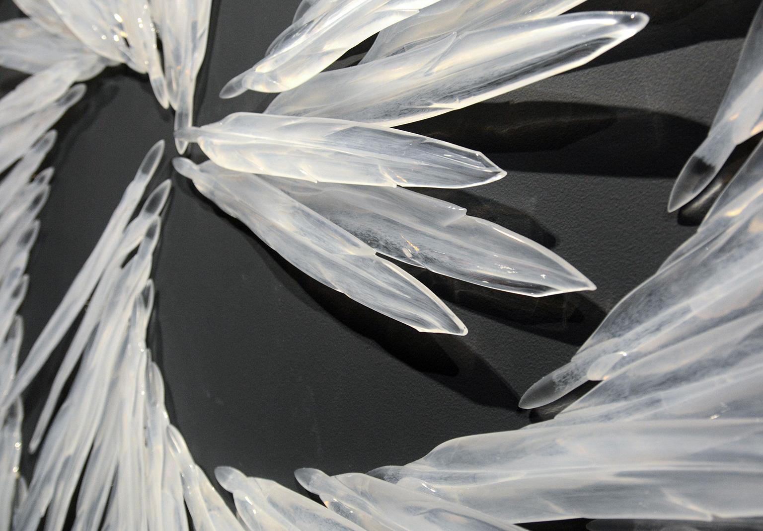 This exquisite glass wall sculpture extends almost 60 inches across. It was featured in Robinson's solo exhibition at the Canadian Clay and Glass Gallery. It evokes a remarkable sense of movement, both through the imagery of the feathers flying in a