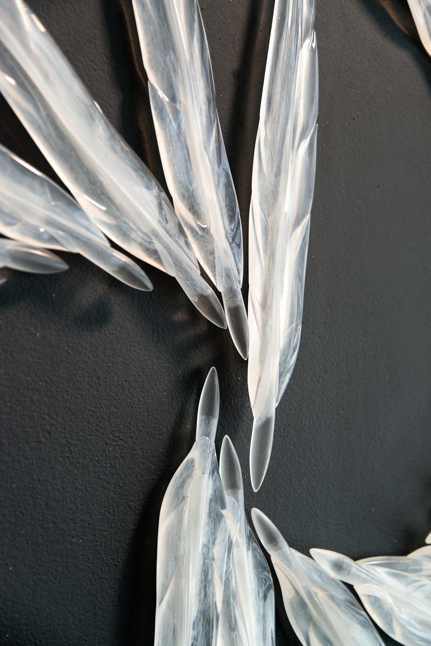 Flying White - large, translucent, feathers, solid glass wall sculpture For Sale 1