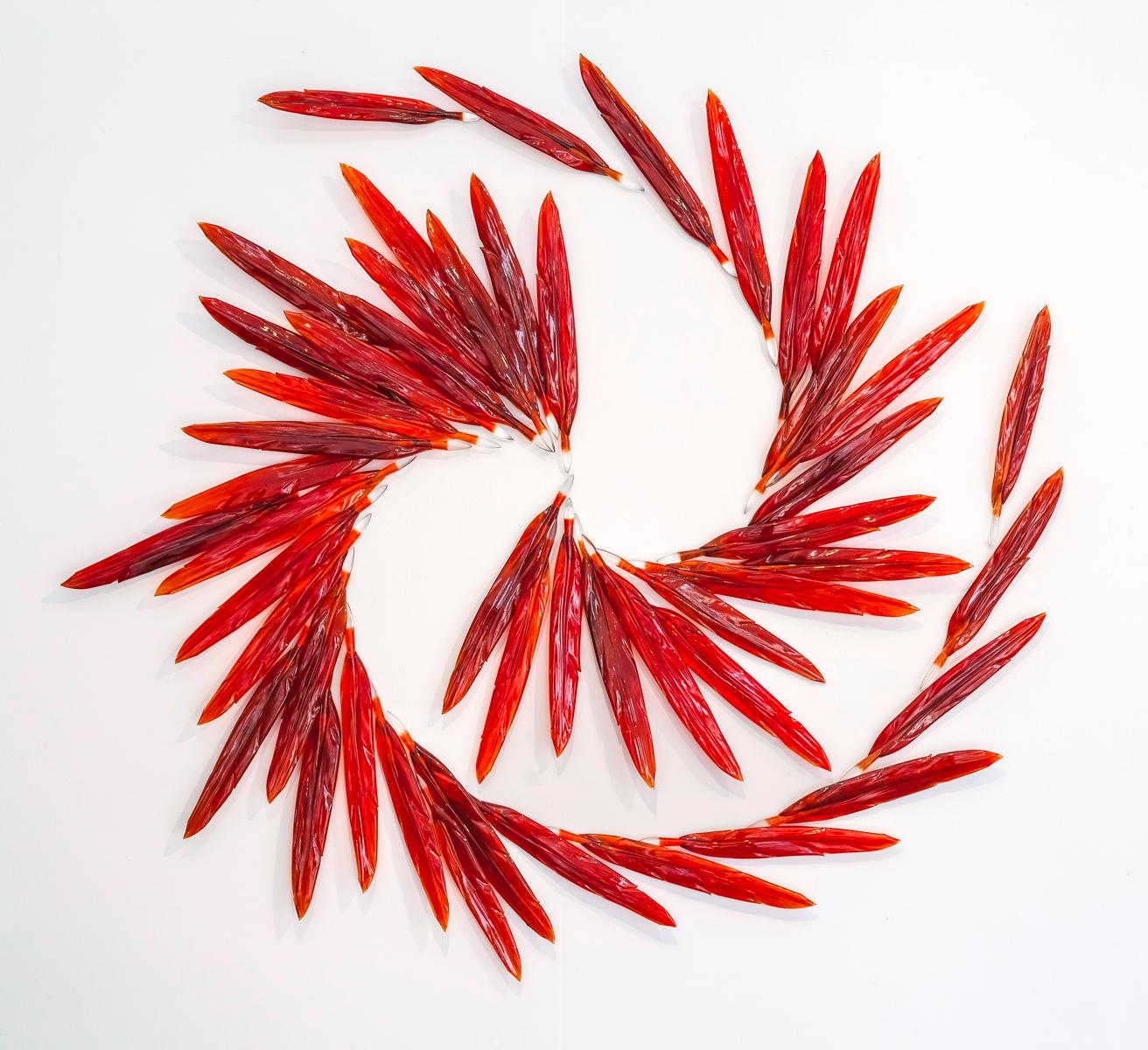 Flying With Fire - large, translucent, red, feathers, solid glass wall sculpture