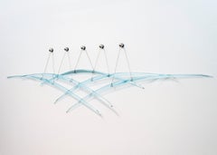 Probability B5 - blue, abstract, curved, glass, steel, suspended wall sculpture