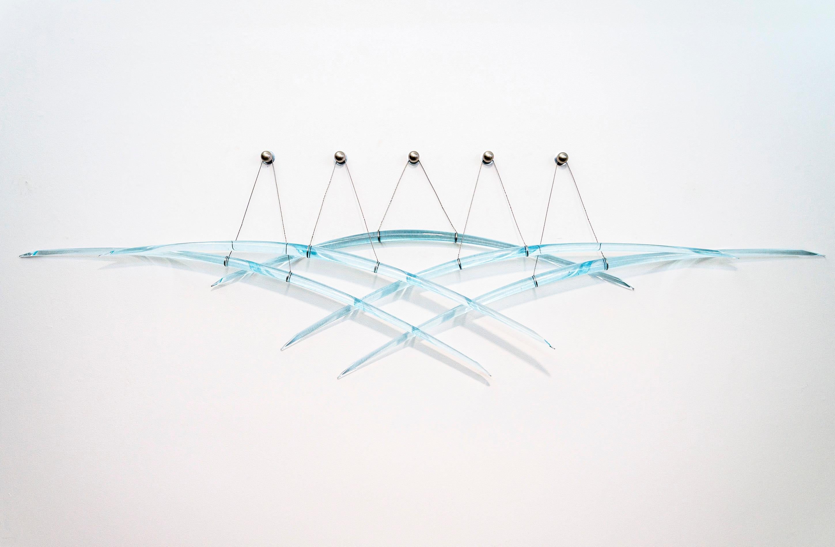 Probability B5 - blue, abstract, curved, glass, steel, suspended wall sculpture