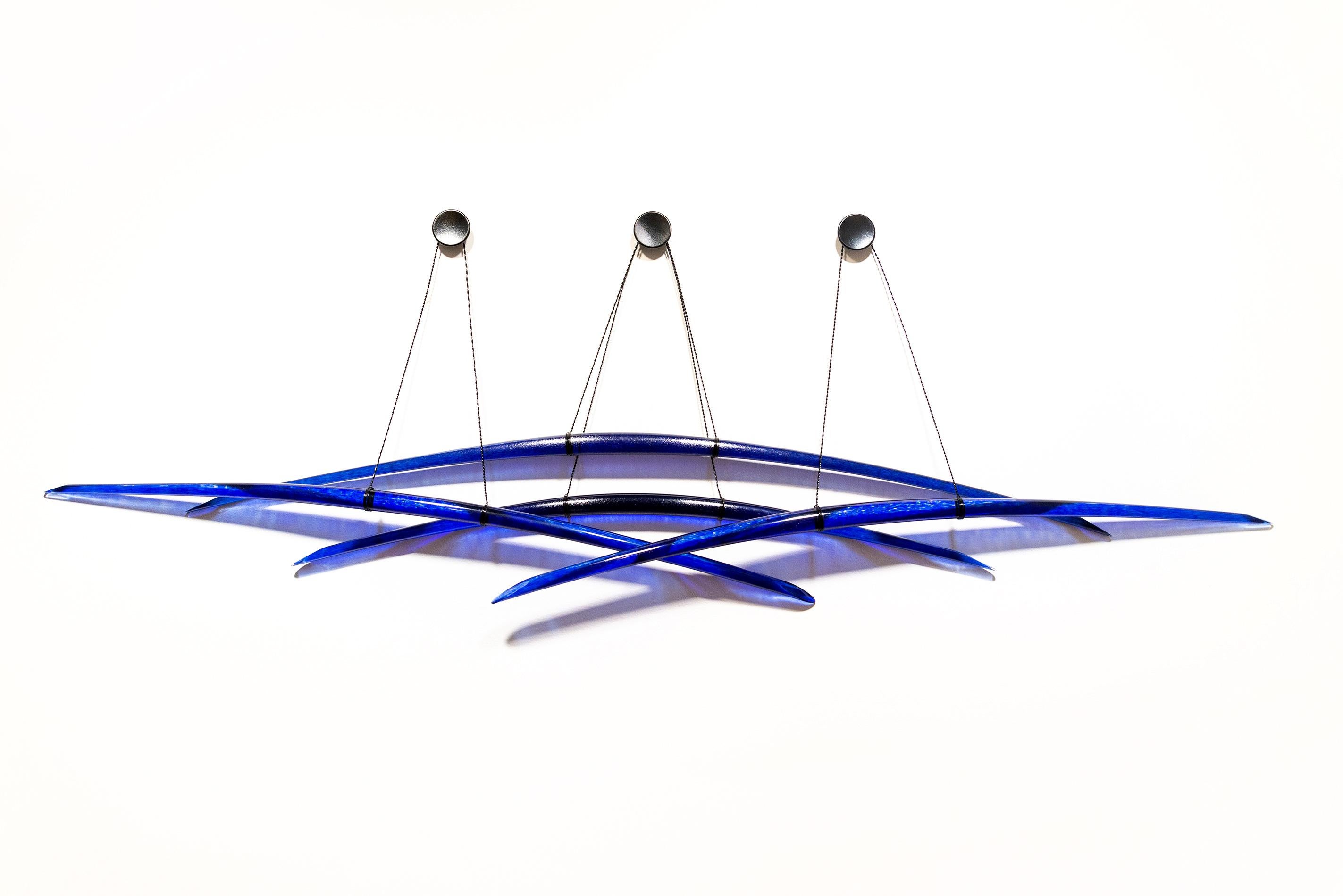 John Paul Robinson Abstract Sculpture - Probability Deep Blue 3 - curved, abstract, glass, elegant wall sculpture