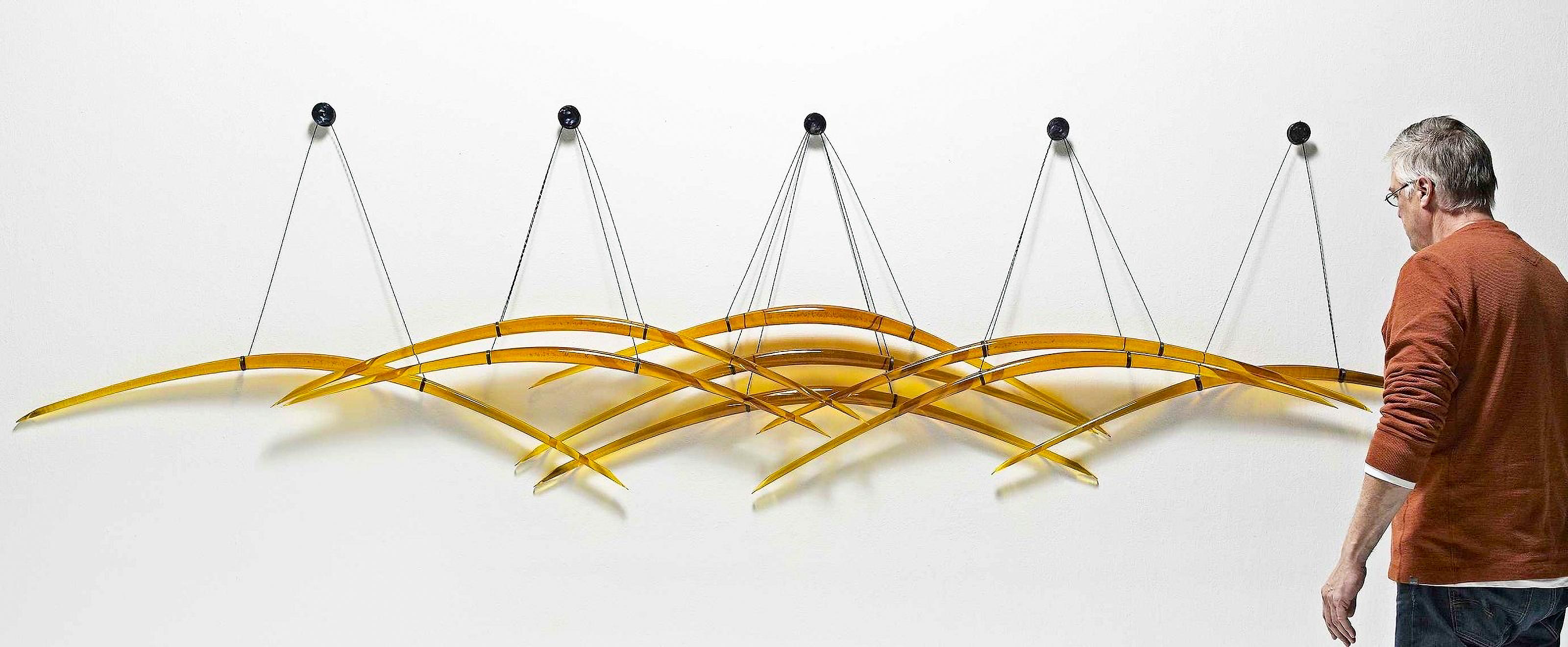 Probability - large, glass, translucent, amber yellow, suspended, wall sculpture 3