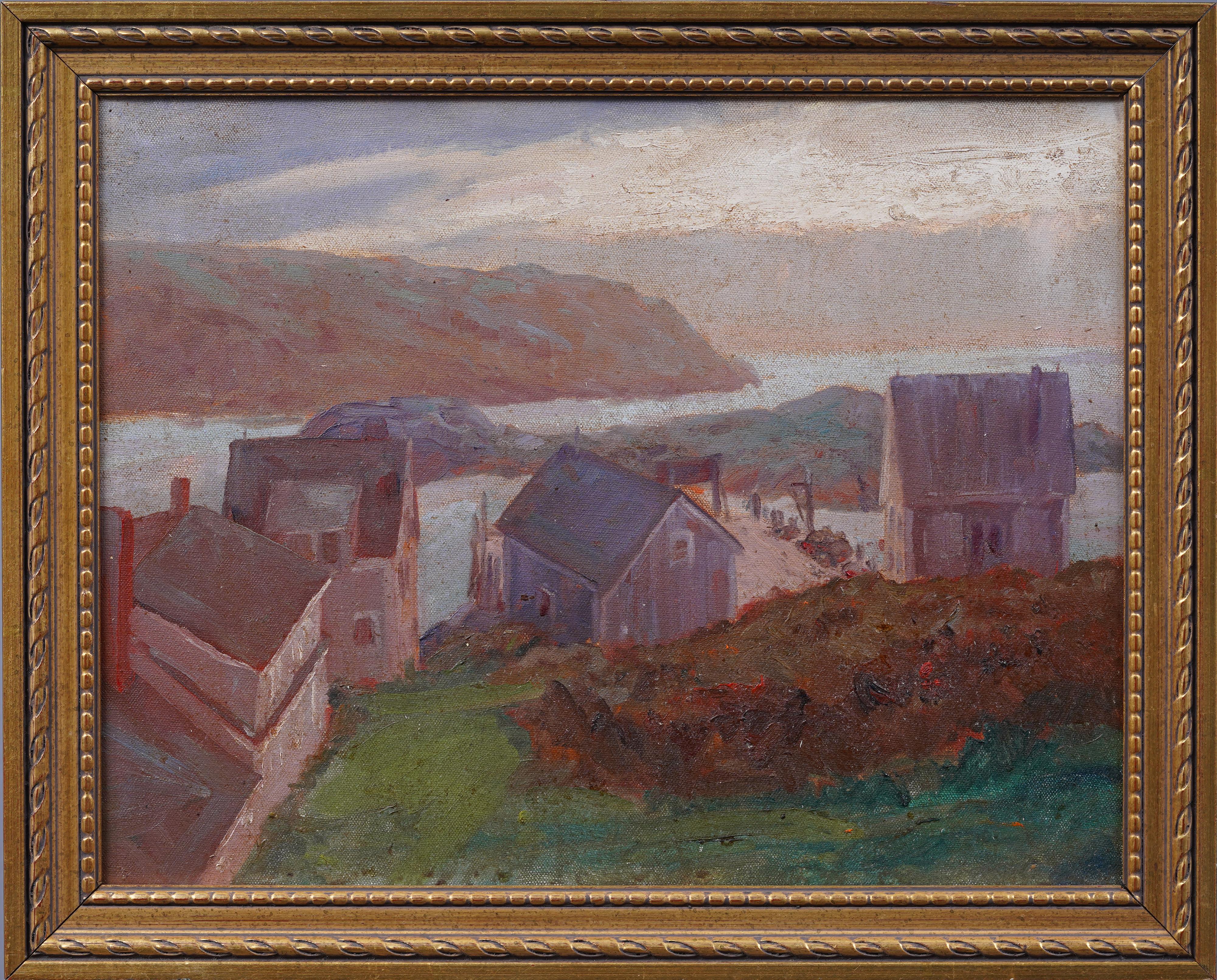 Antique American Impressionist Coastal Maine River Sunset Framed Oil Painting - Brown Landscape Painting by John Pauplis