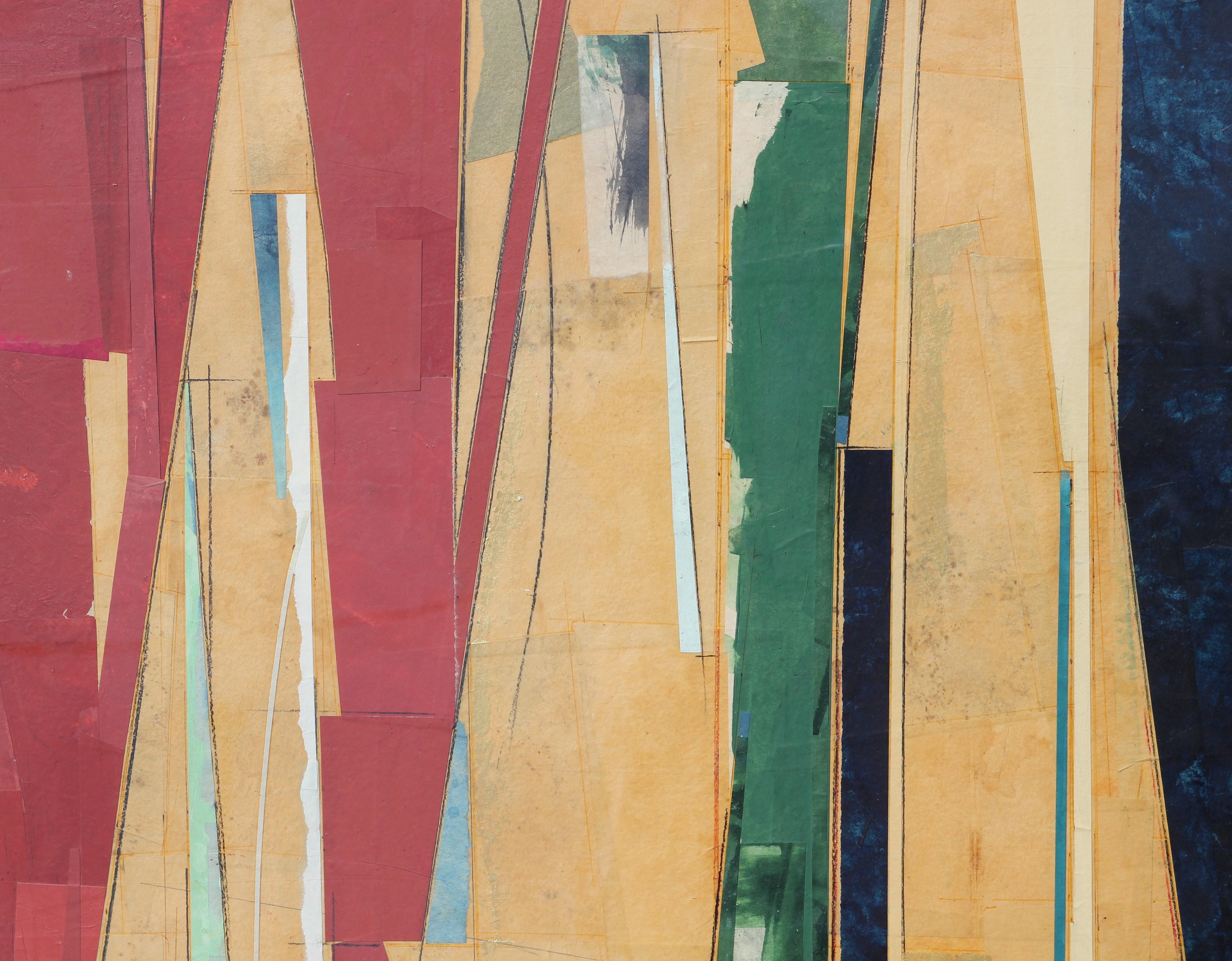 Grande peinture moderne abstraite géométrique rouge, jaune et verte en techniques mixtes (collage) - Painting de John Pavlicek