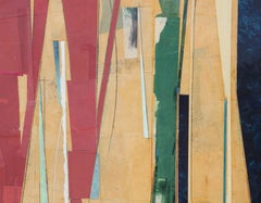 Large Modern Abstract Geometric Red, Yellow & Green Mixed Media Collage Painting