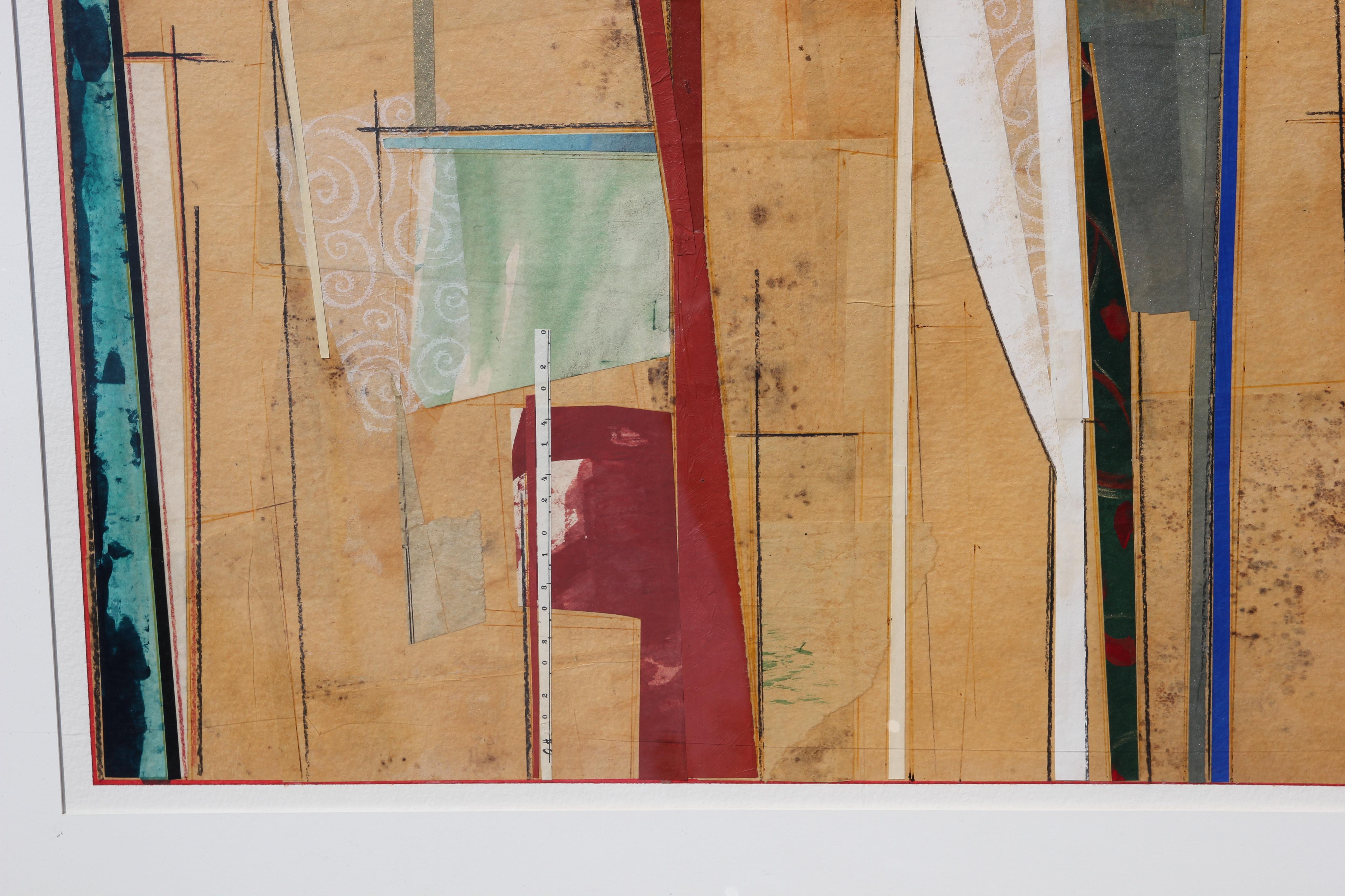 Grande peinture moderne abstraite géométrique rouge, jaune et verte en techniques mixtes (collage) - Beige Abstract Painting par John Pavlicek