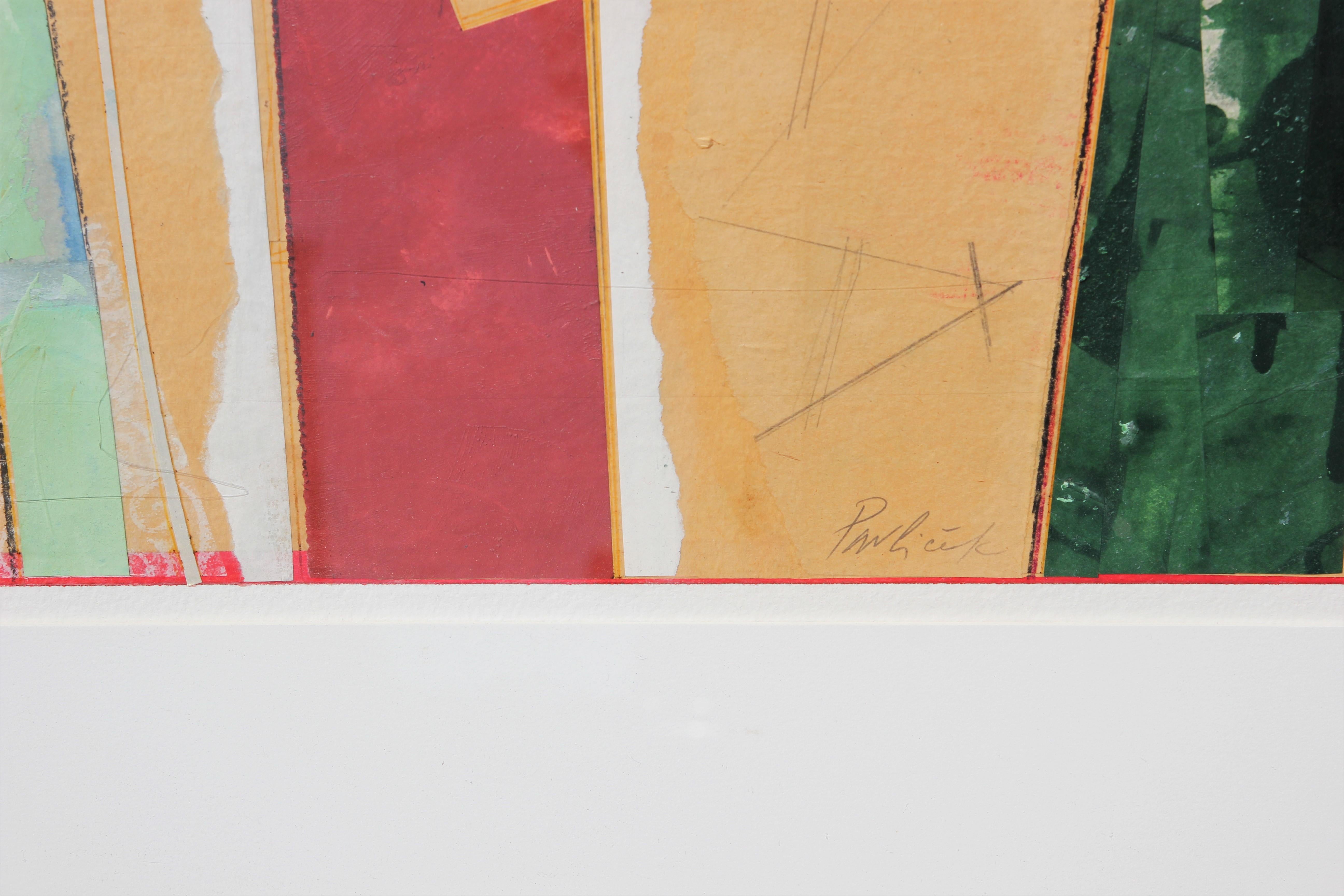 Grand collage géométrique de l'artiste texan John Pavlicek. L'œuvre comporte des couches de peinture rouge, jaune et verte et de papier pour créer de la profondeur. Signé par l'artiste dans le coin inférieur droit. Actuellement accroché dans un