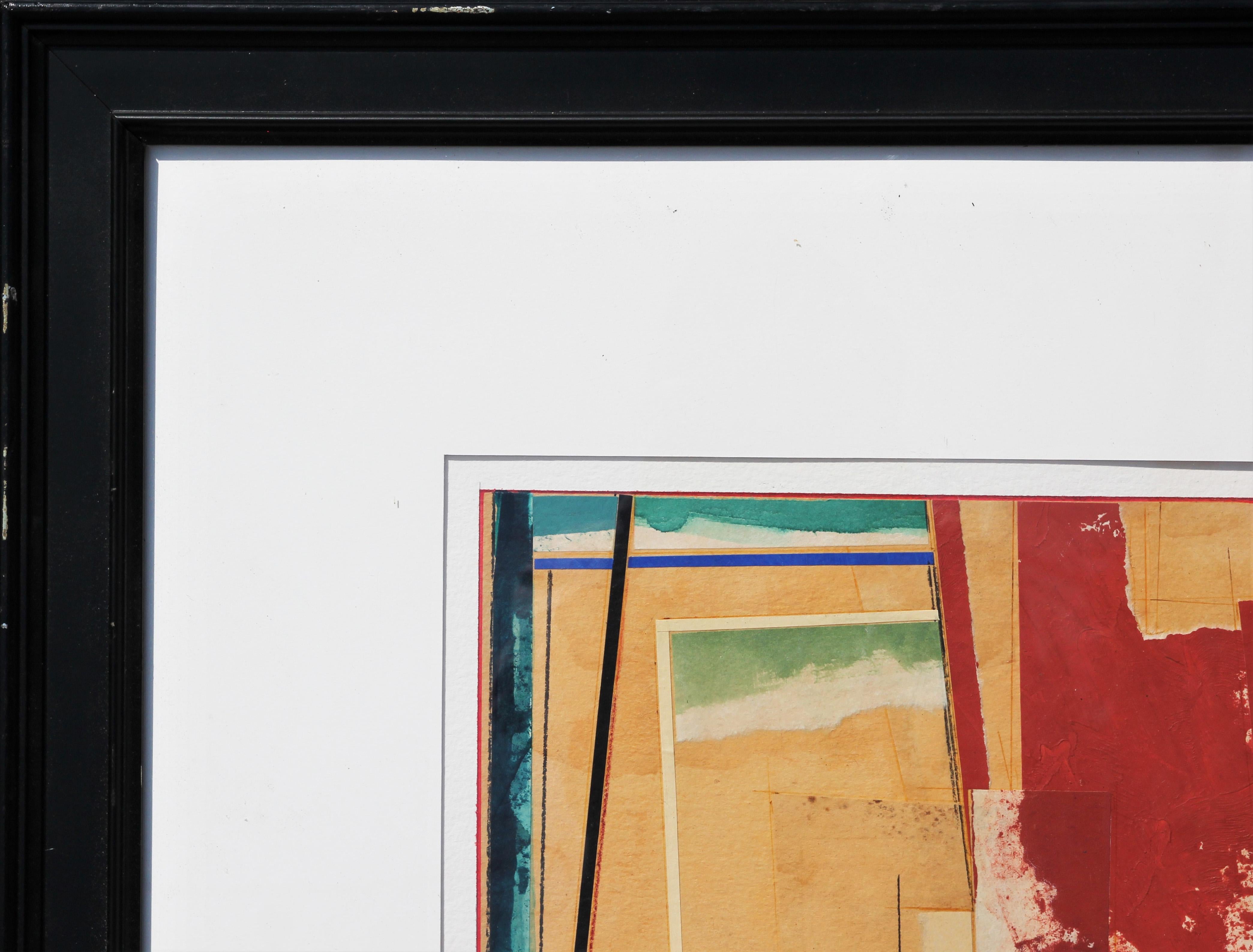 Large geometric mixed media collage painting by Texas artist John Pavlicek. The piece features layers of red, yellow, and green paint and paper to create depth. Signed by artist in front lower right corner. Currently hung in a black frame with white