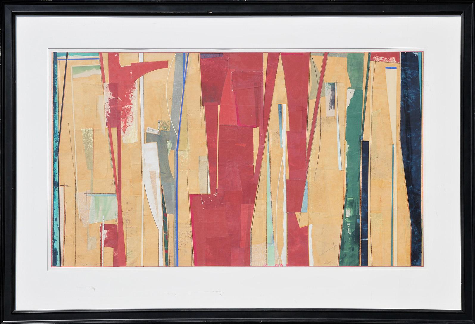 Abstract Painting John Pavlicek - Grande peinture moderne abstraite géométrique rouge, jaune et verte en techniques mixtes (collage)