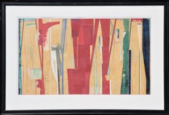Grande pittura astratta moderna geometrica a collage a tecnica mista rossa, gialla e verde
