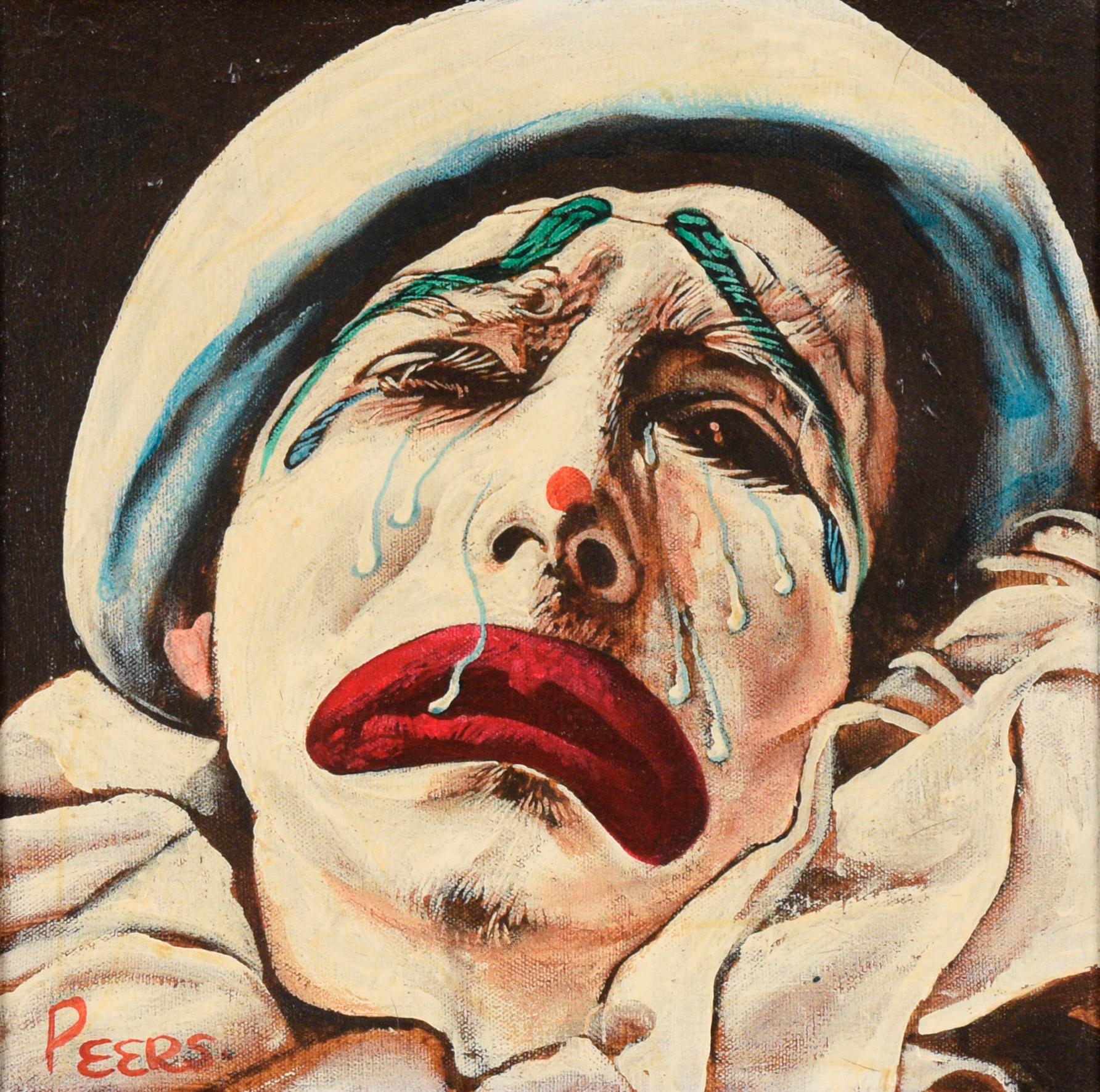 Portrait de clown en pleurs à l'huile sur toile - Painting de John Peers
