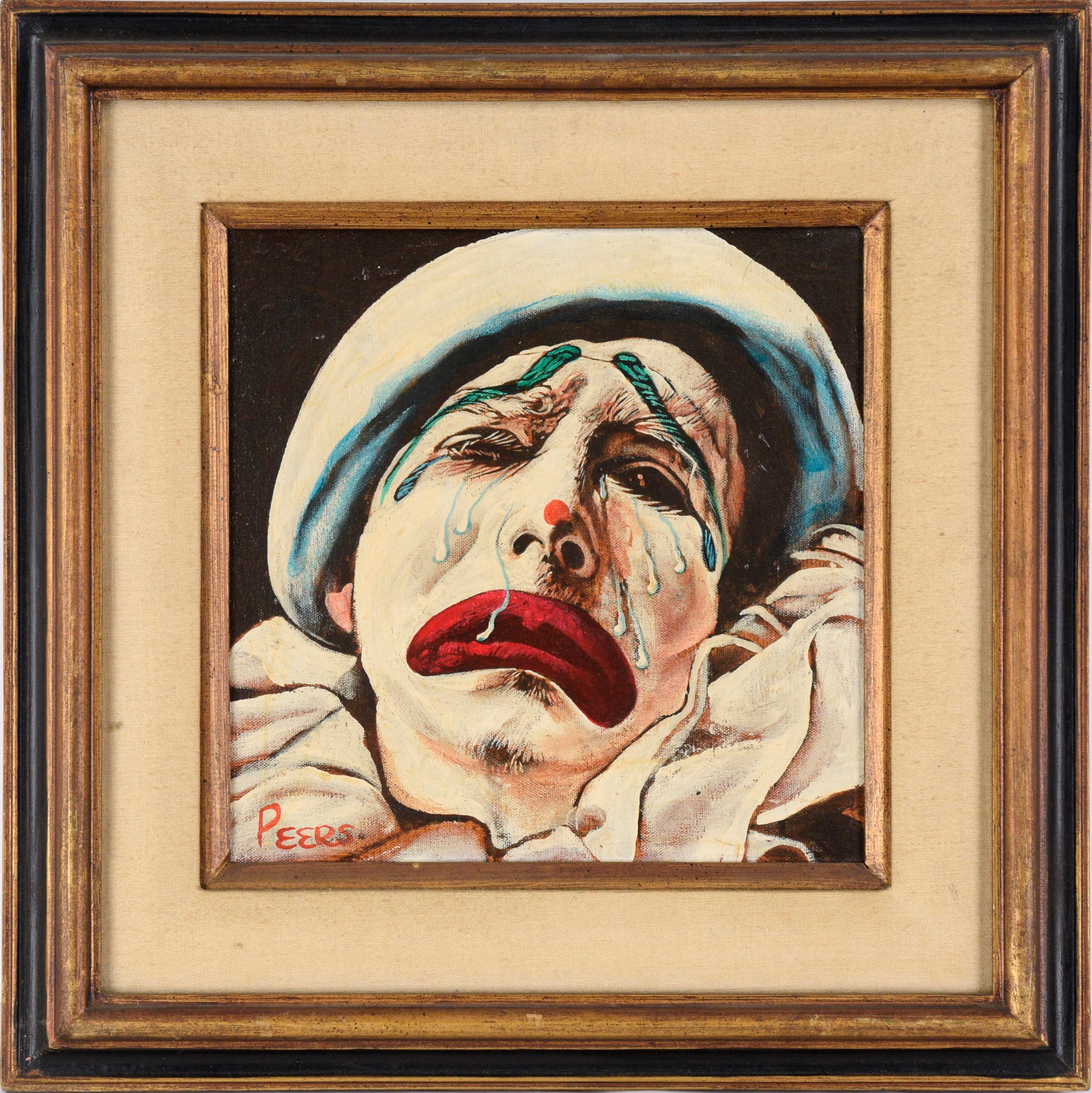 Portrait Painting John Peers - Portrait de clown en pleurs à l'huile sur toile