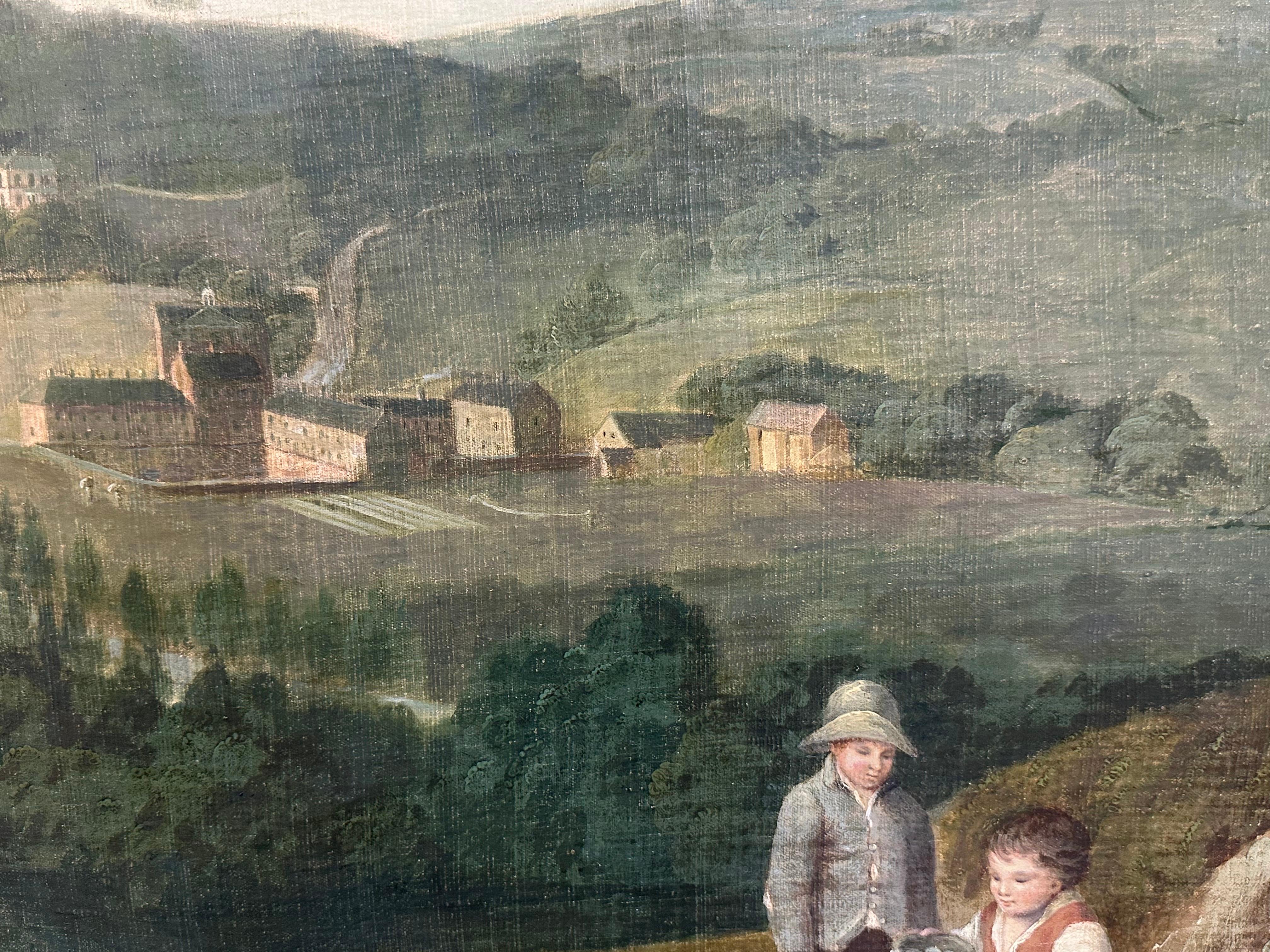 Enorme paesaggio industriale ad olio inglese del 1820 con mulini e bambini che fanno un picnic in vendita 9