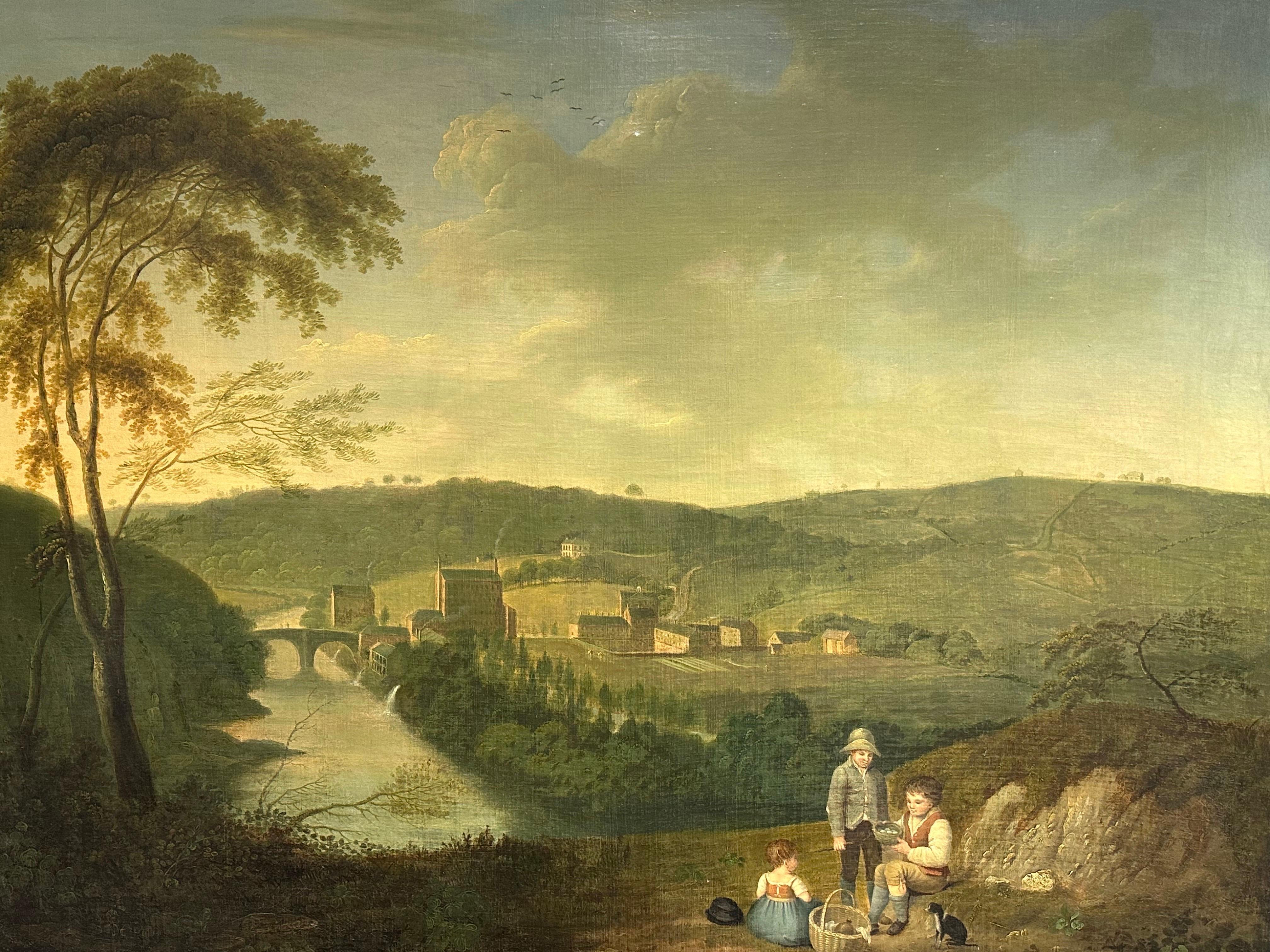 Enorme paesaggio industriale ad olio inglese del 1820 con mulini e bambini che fanno un picnic in vendita 13